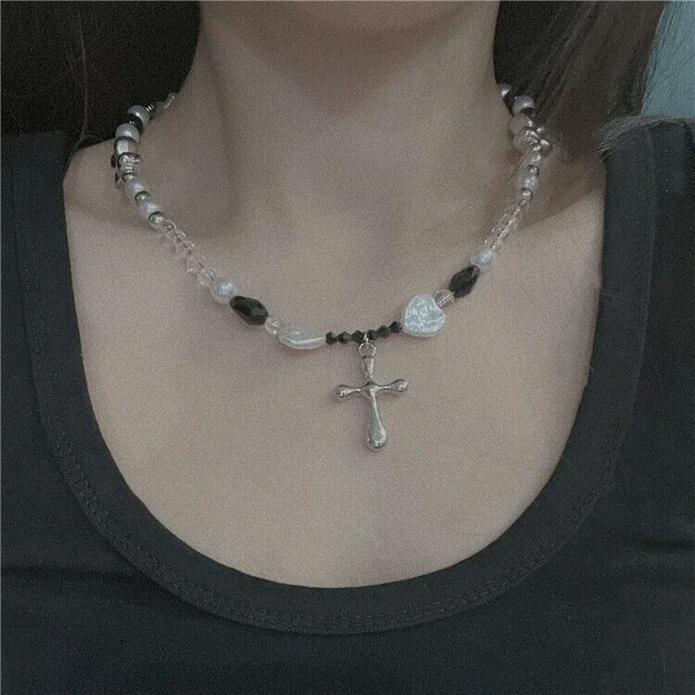 Silver Bow Knot Beaded Faux Pearls Pendant Necklace Boho Chic Artsy‎